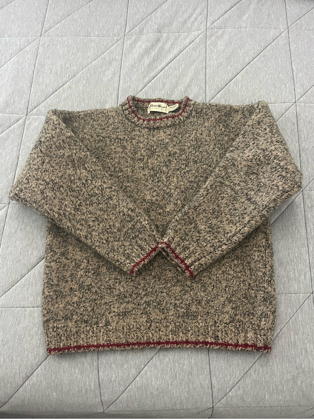 Vintage Men's Heathered Brown Wool Sweater with Red Trim
